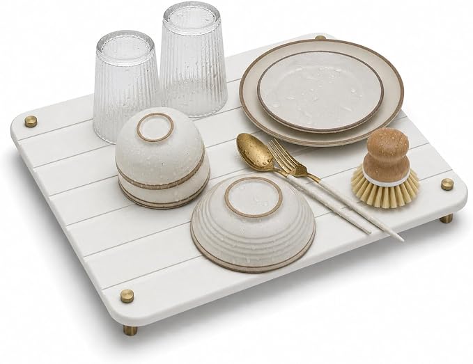 Stone Dish Drying Mat for Kitchen Counter, Water Absorbing Bathroom Tray Sink Organizer, Diatomaceous Earth Countertop Dish Rack Riser Sponge Holder Soap Dish, Gold White, 16" x 12"