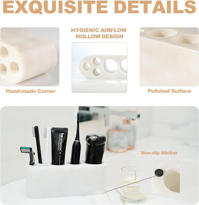 BCS Toothbrush Holder for Bathrooms, 6 Slots Marble Toothbrush and Toothpaste Holder Stand Bathroom Organizer Countertop for Electric Toothbrush, Floss, Razor, Comb - Karibib Ice