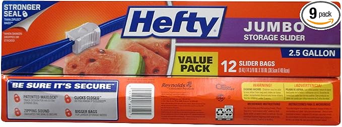 Hefty Slider Jumbo Storage Bags, 2.5 Gallon Size, 12 Count (Pack of 9), 108 Total
