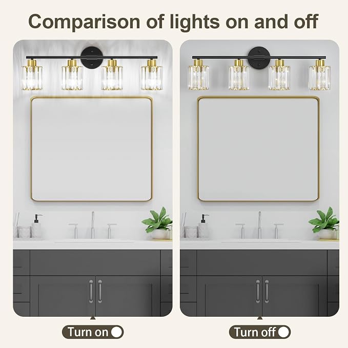 Crystal Bathroom Light Fixtures, Bathroom Lighting Fixtures Over Mirror, Modern Black Gold 4-Light Vanity Lights for Mirror, Restroom, Bedroom (Ceramic E26 Socket,Bulbs Not Include)