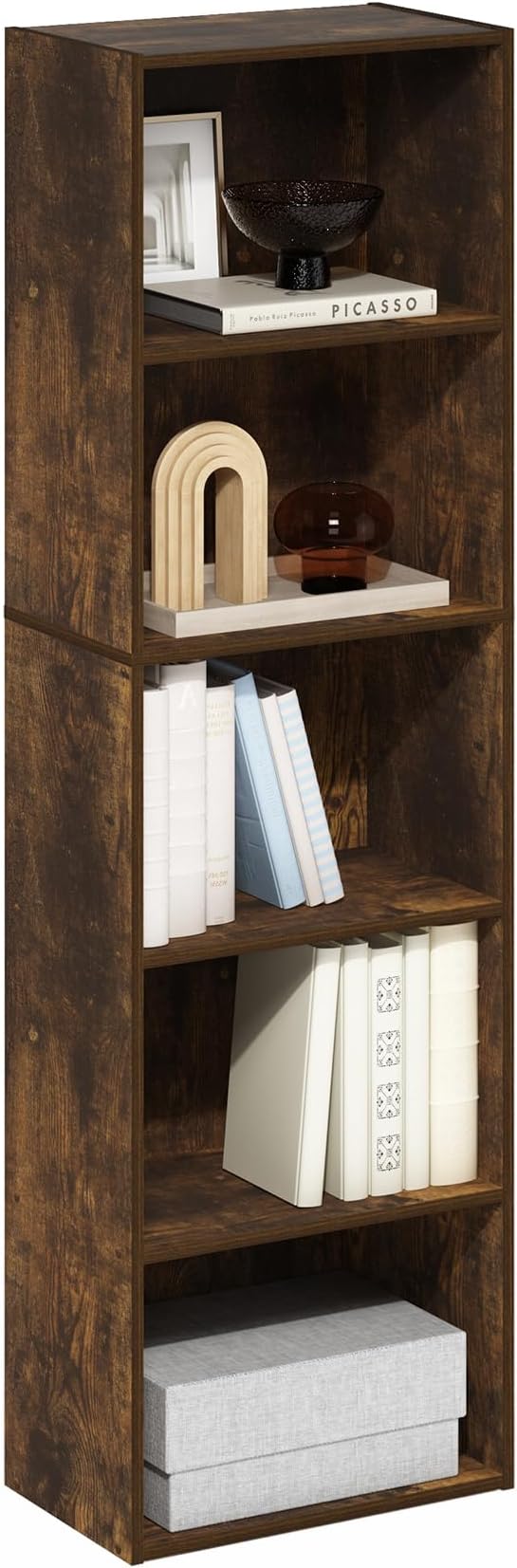 Furinno LUDER Book Shelf, 5-Tier Bookshelf, Bookcase with Open Shelves, 9.4 x 15.8 x 52, Easy Assembly, for Living Room, Bedroom, Home Office, Amber Pine