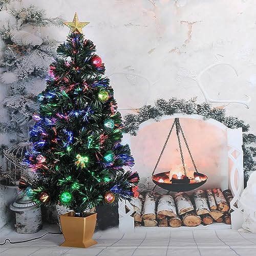 3ft Green Fiber Optic Christmas Tree,Prelit Artificial Tabletop mini Christmas Tree,Star,Butterfly and Ball Ornaments for Best Holiday Home Decorations