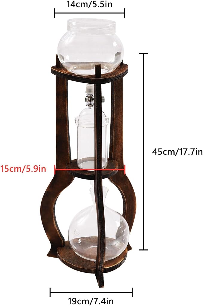 Iced Coffee Cold Brew Drip Tower Coffee Maker with Measuring Spoon, Stainless Steel Filter, Wooden, 6-8 Cup (Brown)