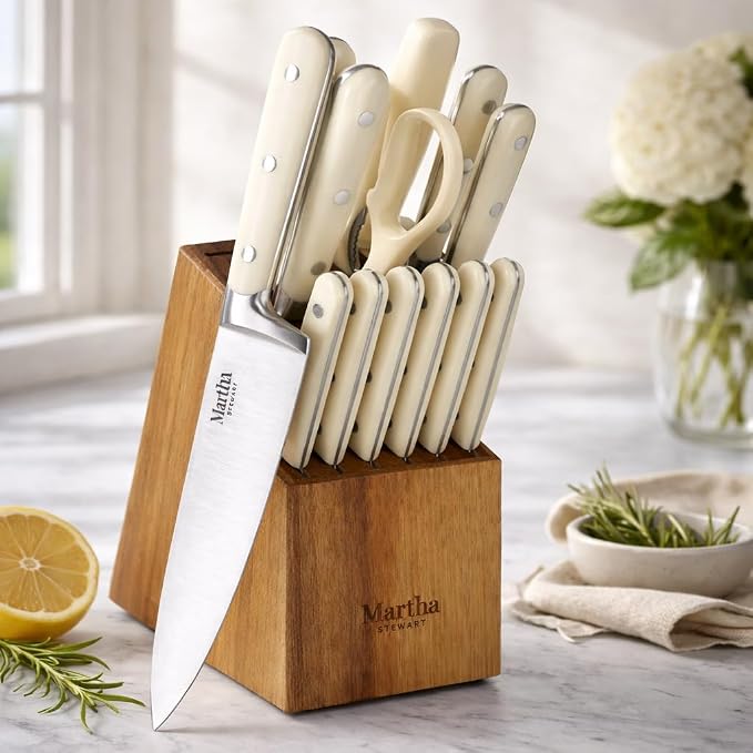 MARTHA STEWART Eastwalk 14 Piece High Carbon Stainless Steel Cutlery Kitchen Knife Block Set w/ABS Triple Riveted Forged Handle Acacia Wood Block - Linen White