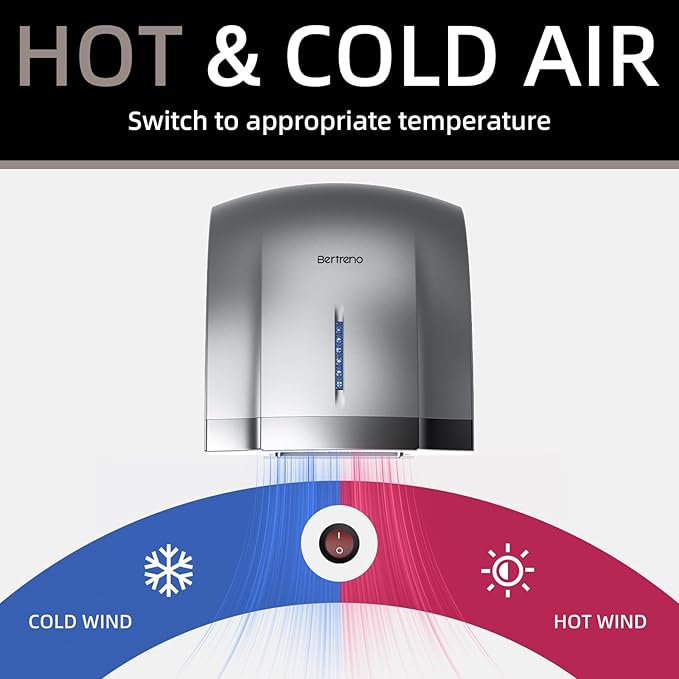 Commercial Hand Dryer Electric Compact Hand Dryer for Bathrooms Commercial 1800W High Speed Hand Dryer with Hot Cold Air and Noise Reduction 110V Silver