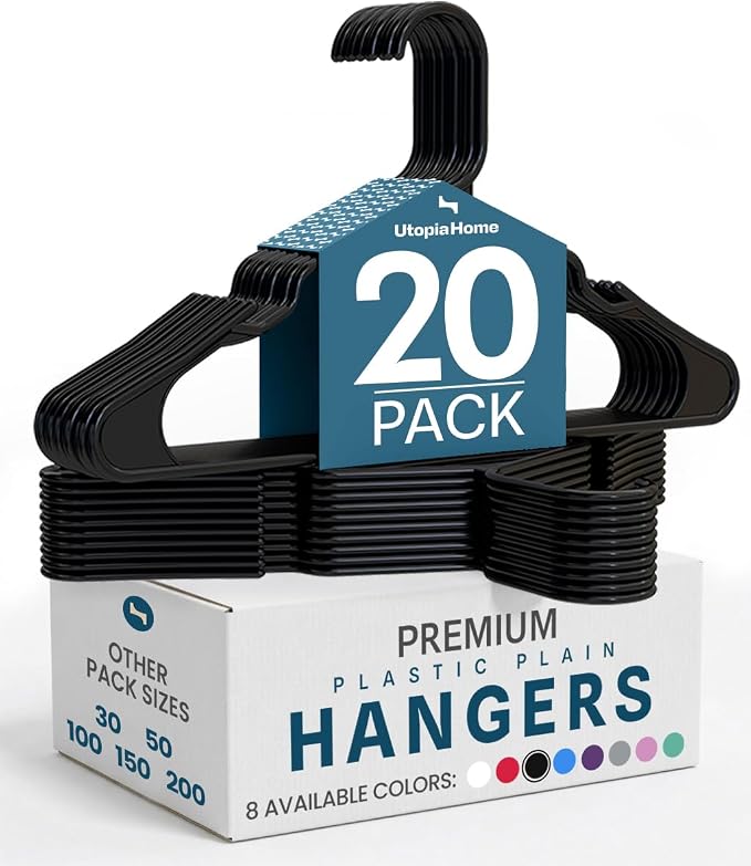 Utopia Home Plastic Hangers 20 Pack – Space Saving Clothes Hanger Black | Durable & strong | Closet organizer & storage | Ideal for apartments, dorms & stocking stuffers