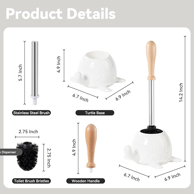 White Ceramic Turtle Base Toilet Brush and Holder Set - 7.5" Cute Toilet Bowl Cleaner Brush, Ergonomic Handle Toilet Bowl Brush and Holder for Home & Commercial Use, Bathroom Brush
