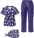 Gomyblomy Women's Scrubs Suit 3-Piece Set | Teeth Print V-Neck Top & Pants & Cap, Breathable and Stretch Fabric, S-5XL