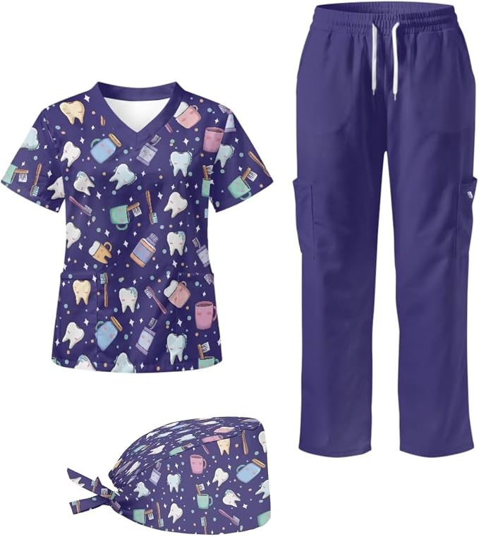Gomyblomy Women's Scrubs Suit 3-Piece Set | Teeth Print V-Neck Top & Pants & Cap, Breathable and Stretch Fabric, S-5XL
