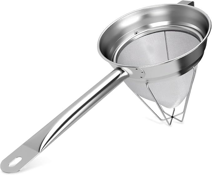 8 Inch Chinois Strainer,18/8 Stainless Steel Conical Fine Mesh Bouillon Sieve, Heavy Duty China Cap Strainers with Stand for Sauces Soups Broth Purees Jam