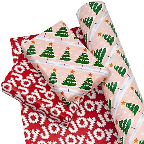 WRAPAHOLIC 30 Inch Reversible Christmas Wrapping Paper - 30 Inch x 33 Feet - Christmas Tree Wrapping Paper with Joy Lettering Perfect for Holiday, Party, Celebration