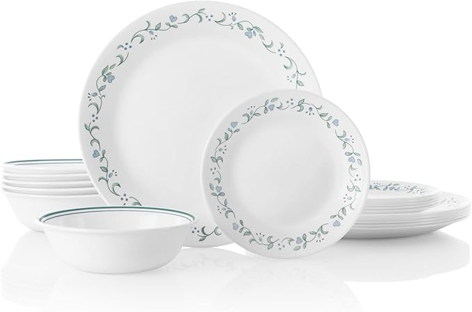 Corelle Vitrelle 18-Piece Service for 6 Dinnerware Set Triple Layer Glass and Chip Resistant, Lightweight Round Plates and Bowls Set, Country Cottage