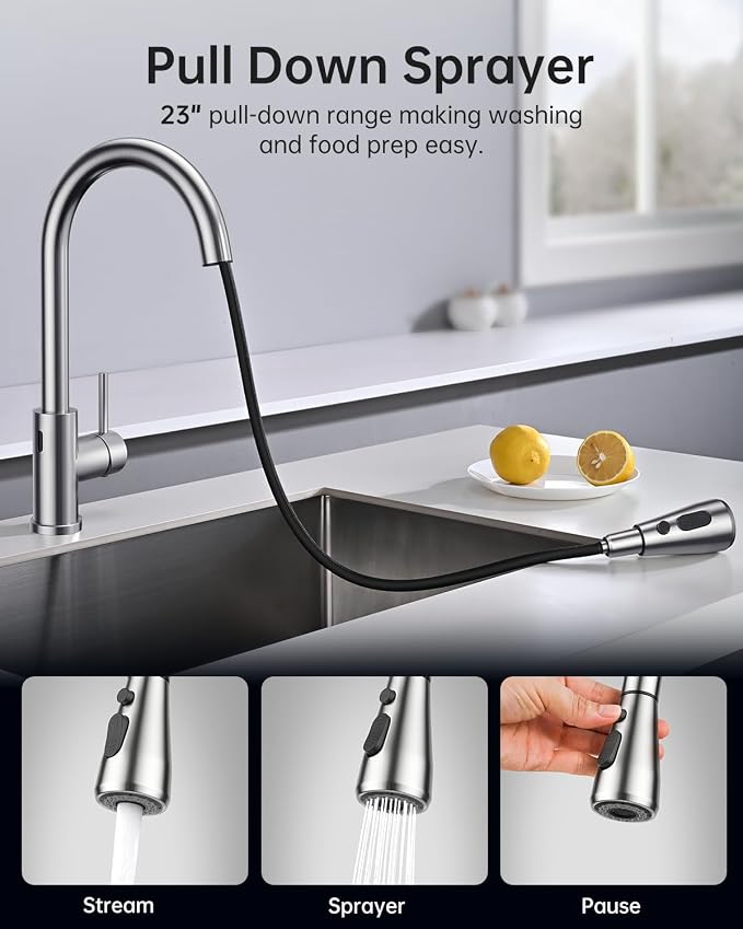 Hiqufet Touchless Kitchen Faucet, Pull Down Sprayer, Brushed Nickel | Hands-Free Smart Motion Sensor, Easy Install, SUS304 Stainless Steel, Lead-Free, High Arc, 3 Spray Modes, 360 Swivel