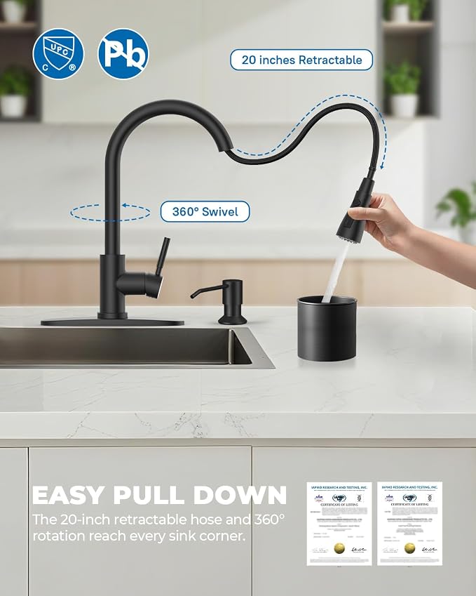 WEWE Touchless Kitchen Sink Faucet with Soap Dispenser, Single Handle Kitchen Faucets with Pull Down Sprayer Smart Motion Sensor Stainless Steel, Matte Black