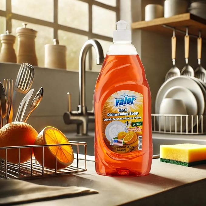Valor Dishwashing Liquid, 25 fl oz – Dish Soap for Kitchen & Bathroom, Grease-Fighting, Gentle on Hands, Fast Rinse, Eco-Friendly Biodegradable Formula (25.5 oz (Pack of 6), Orange)