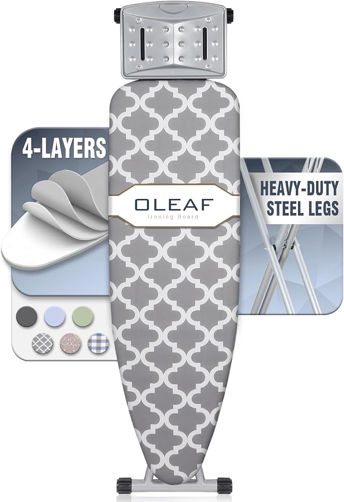 oleaf Ironing Board with Cover and Thicken Pad Height Adjustable Full Size Foldable Iron Board with Iron Rest, Stable Steel Legs, Metal Construction, Heat Resistant, Gray and White Checkered