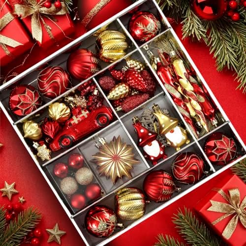 68PCS Christmas Tree Ornaments Set, Red and Gold Christmas Balls and Assorted Decorations, Shatterproof Hanging Ornaments with Hooks for Xmas Tree, Holiday Party Home Decor