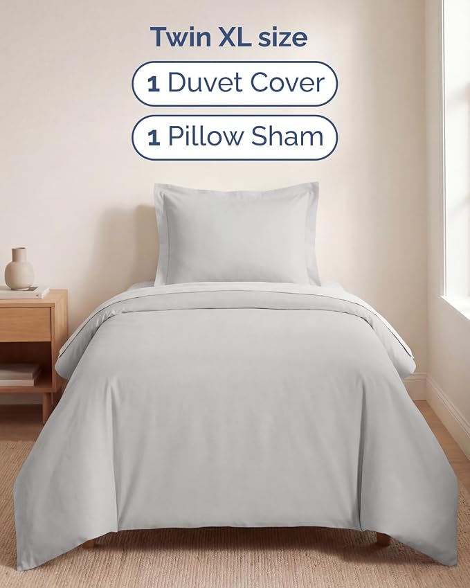 Duvet Cover Twin/Twin XL Size Set - Extra Soft Twin/Twin XL Duvet Cover 68" x 90" with 1 Pillow Sham for Women, Men, Kids & Teens - Comfy, Easy-Care & Fade Free w/ Zipper Closures & Ties (French Grey)