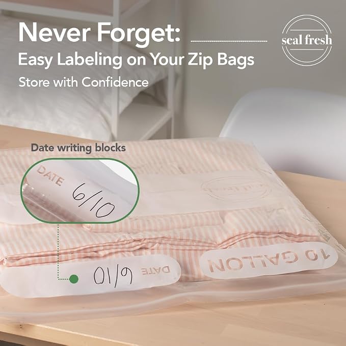 Seal Fresh 10 Gallon Large Plastic Storage Bags – 24" x 24" (15 Count) – Reusable XXL Extra Large Clear Jumbo Zip Bags with Sealable Zipper Top For Clothes, Travel, Moving
