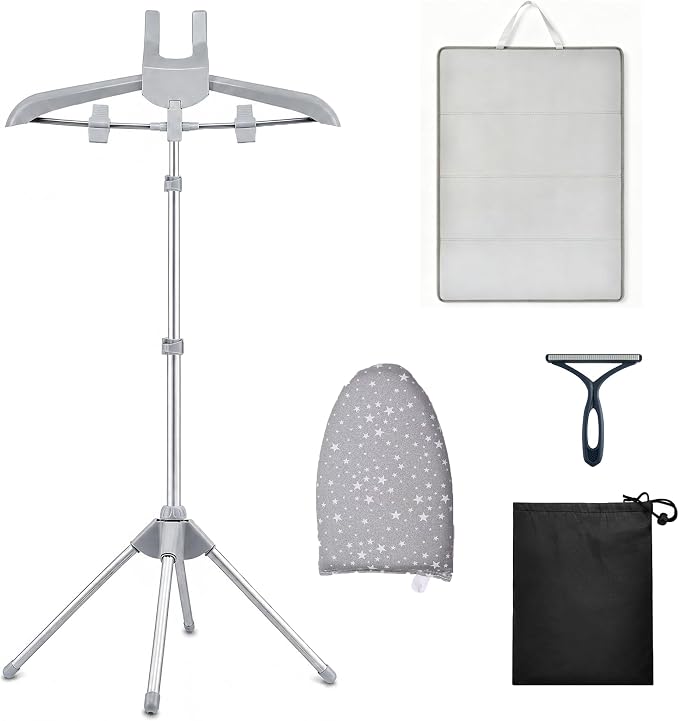 Foldable Steamer Stand – Adjustable Clothes Hanger Rack for Travel | Foldable Steamer Stand with Ironing Gloves, Lint Remover, Storage Bag & Portable Ironing Board – Ideal for home & travel.
