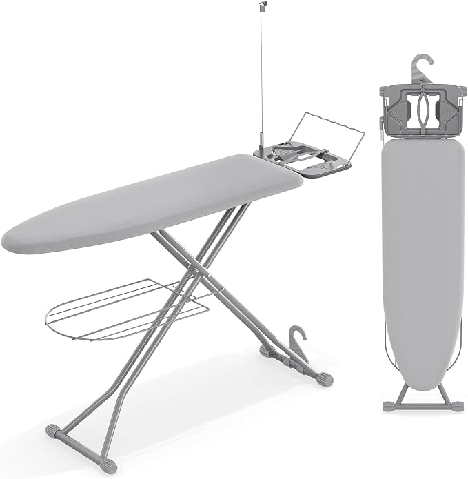 KINGBOARD Ironing Board, Compact Iron Board Full Size with Extra Thick Cover, 7 Adjustable Heights Stand with Hanger and Iron Rest, Large Heavy Duty Ironing Board with Storage Tray, 13x43 Grey