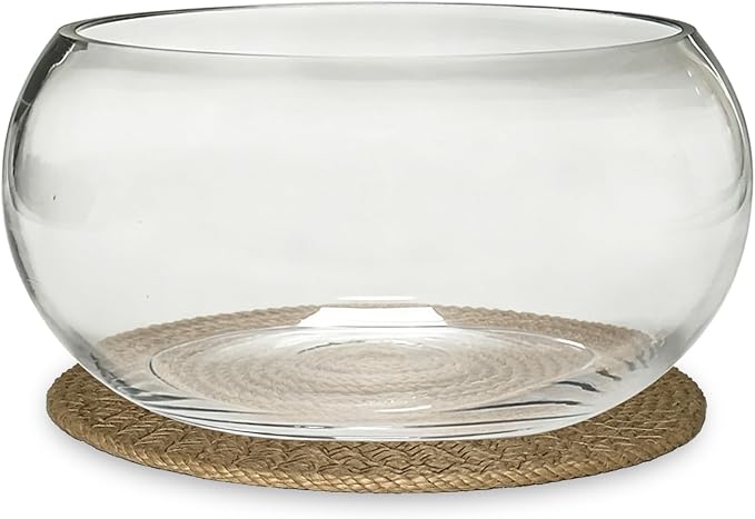 12" Large Round Glass Lotus Bowl Planter with Rattan Mat | Clear Indoor Hydroponic for Aquatic Plants, Bonsai & Lotus Flowers, Decorative Terrarium Bowl Vase, Fish Tank
