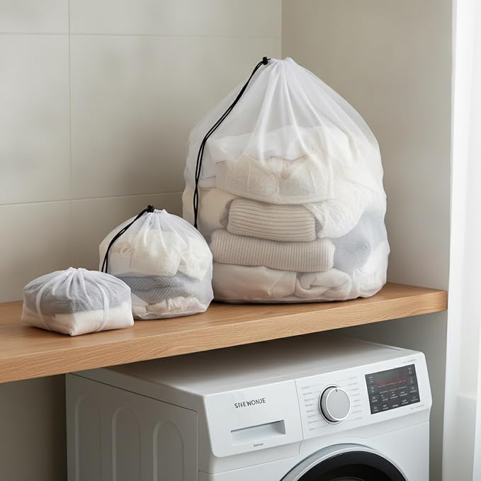 Laundry Mesh Bag with Drawstring, Polyester Net for Delicates, Lingerie, and Knits, White (1 PC)