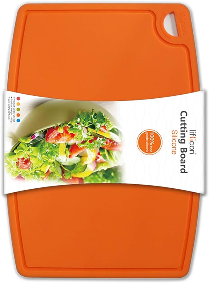 Thick Silicone Cutting Board 12.6'' x 9.1'' Juice Grooves Easy Grip Handle Dishwasher Safe-Orange