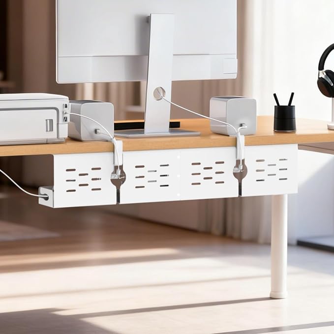 Univivi Under Desk Cable Management Tray - 32" Steel Cord Organizer, No-Drill C-Clamp & Screw Mount for Office/Home, Effortless Wire Management (White)