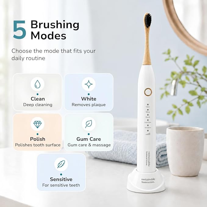 Sustainable Tomorrow Zen Bamboo Electric Toothbrush, Durable Wood-Grain ABS Handle, Rechargeable w/Plant-Based Soft Bristles, Bamboo Heads, 5 Modes & 30-Day Battery (White)