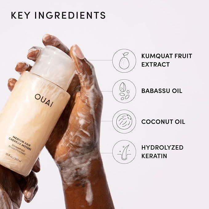 OUAI Medium Hair Shampoo - Hydrating Shampoo for Color Treated Hair & Dry Scalp - Nourishes, Strengthens, Reduces Breakage & Adds Shine - Coconut Oil, Babassu, Keratin - Sulfate Free, 10 Oz