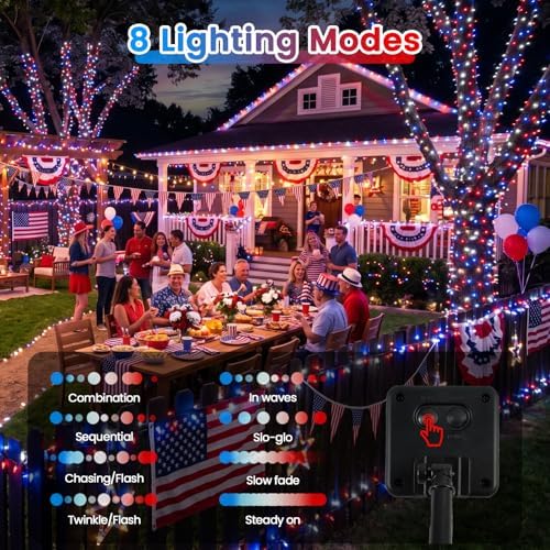 KAQ 2pack 500LED Solar String Lights Outdoor Waterproof Red White Blue