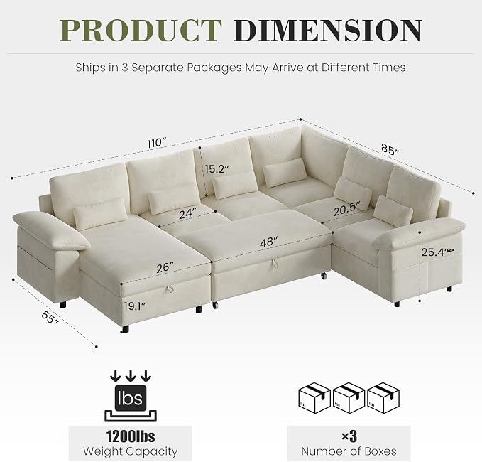110 Inch Modular Sectional Sleeper Sofa with Pull Out Bed, U Shaped 7 Seat Cloud Modular Sectional Sofa with Storage, Chenille Sectional Couches for Living Room, Removable Sofa Cover, Beige