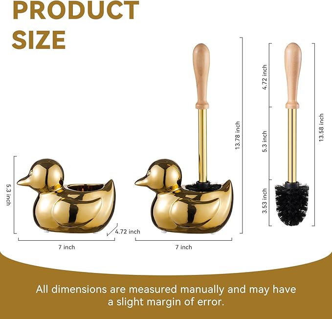 Gold Toilet Brush and Holder Set - Wooden & Stainless SteelHandle Gold Toilet Bowl Brush and Holder with Replaceable Head- Dense Bristles for Thorough Cleaning,Duck Design for Bath Decor Storage