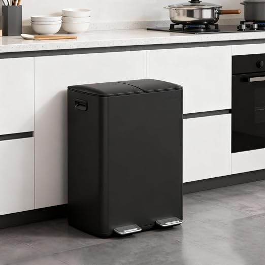 mVm Dual Trash Can, 16 Gal(2x8 Gal) Black Dual Compartment Kitchen Trash Can, Brushed Stainless Steel Garbage Recycling Bin for Home Office