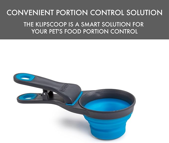Dexas Popware for Pets Collapsible Klip Scoop, 3-in-1 Pet Food Scoop, Measuring Cup and Bag Clip, 1/2 Cup Capacity, Pro Blue