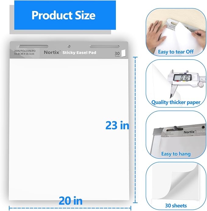 Nortix Easel Pad, Self-Stick Easel Pads, Anchor Chart Paper for Teachers, Strong Adhesive & Bleed-Resistant, 20''x23'' Sticky Notes Chart Paper, 30 Sheets/Pad, 8 Pads