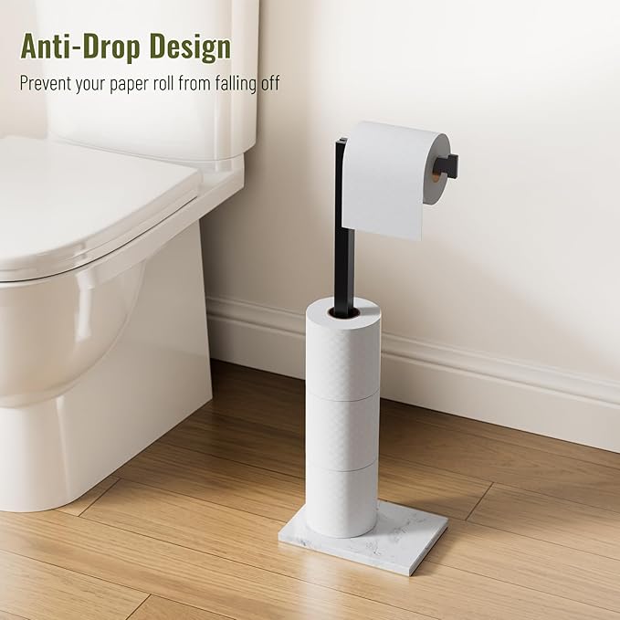 Matte Black Toilet Paper Holder with Marble Base Stand Freestanding Tissue Roll Holder SUS 304 Stainless Steel Rustproof for Pedestal Lavatory with Organization L-Shape Tissue Storage by Homevacious