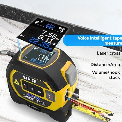 Voice Intelligent Tools 3-in-1 Laser Tape Measure ，Digital Measuring Tape Ruler-LCD Backlight 5M/16Ft Tape & Laser 100m/328Ft Rangefinder，Crosshairs Markings，Data Storage (Yellow, 100m/328ft)