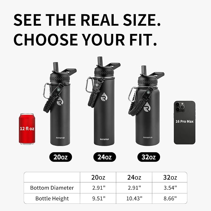 RAYMYLO Insulated Water Bottle 32 oz, Triple Wall Vacuum Stainless Steel (Cold for 24Hrs, Hot for 12Hrs), Leak Proof & Non-BPA, Modern Water Flask Jug with Paracord Handle & Straw Spout Lids