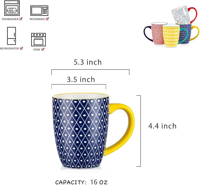 Selamica Ceramic Coffee Mugs Set of 4, 16 OZ Large Coffee Cups with Handle for Cappuccino, Tea, Mocha, Cocoa, Dishwasher Microwave Safe, Assorted Colors
