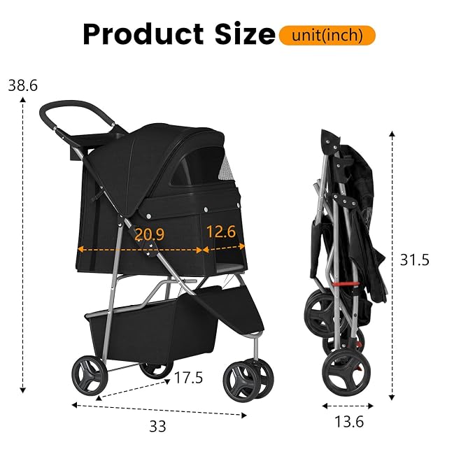 BestPet | 3-Wheel Pet Stroller | Dog and Cat Stroller | Breathable Mesh | Lightweight Travel Carrier | Waterproof & Foldable Design | Storage Basket | Black | for Daily Walks & Outdoor Use