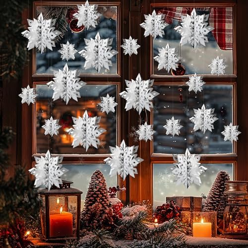 Snowflake Decorations, Paper Christmas Hanging Decor Indoor, Silver, 36-Pc