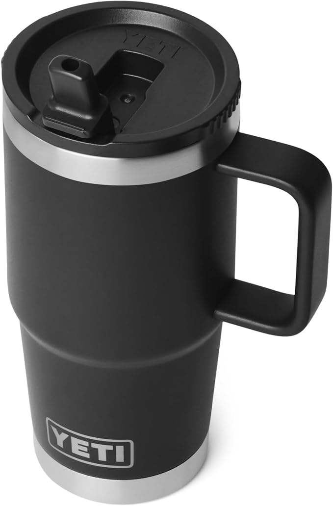 YETI Rambler 20 oz Travel Mug with Flip Straw Lid – Stainless Steel, Vacuum Insulated, Leakproof, Cup Holder Friendly, Black