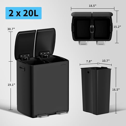 mVm Dual Trash Can, 10.6 Gal (2x5.3Gal) Wide Type Kitchen Trash Can with Thick Lids, 2 Compartment Recycling Bin Combo for Kitchen Office (Black)