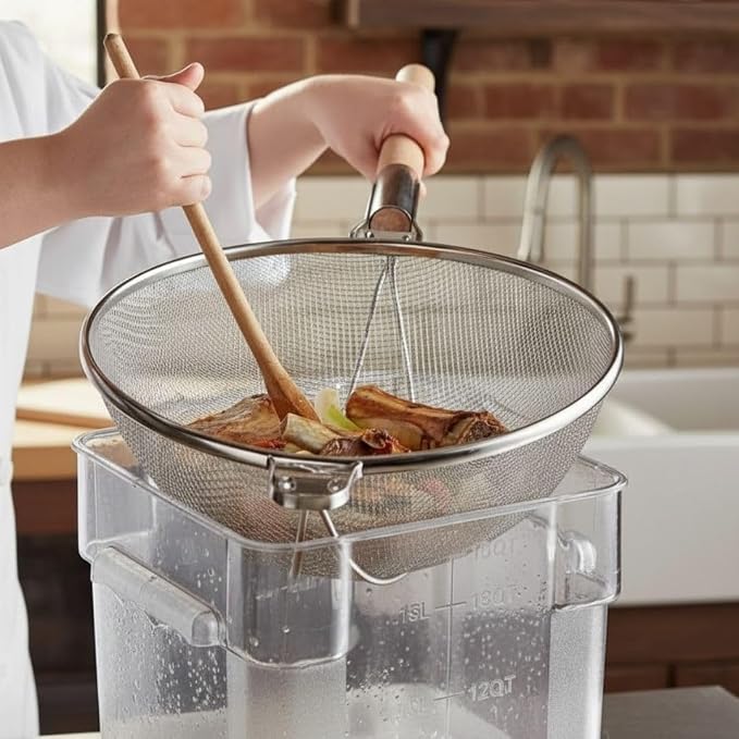 Soro Essentials- 14" Double Tinned Coarse Mesh Strainer with Reinforced Bands Pan Hook Wooden Handle- Food Sieve Strainer Kitchen Mesh Strainer Utensil for Cooking Rice Quinoa Pasta Fruits Vegetable