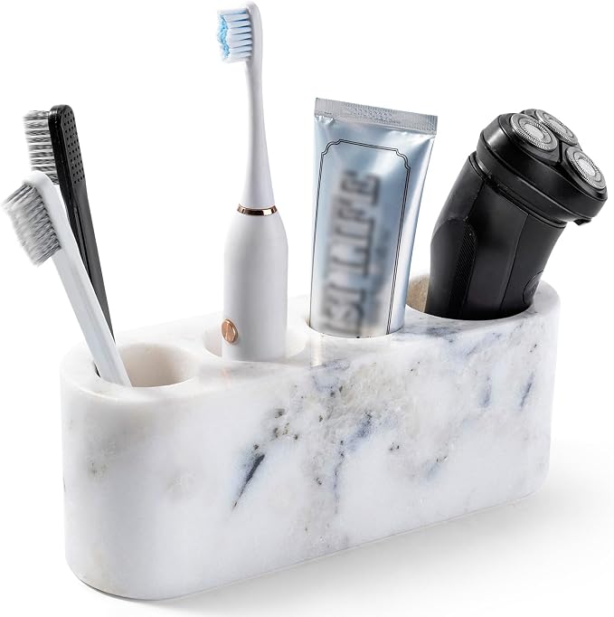 BCS Toothbrush Holder for Bathrooms, 4 Slots Marble Toothbrush and Toothpaste Holder Stand Bathroom Organizer Countertop for Electric Toothbrush, Floss, Razor, Comb(Grey)
