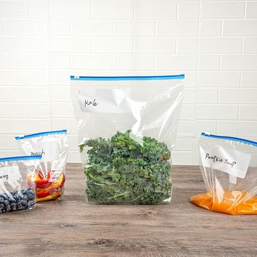 Restaurantware-Bag Tek 2 Gallon Freezer Slider Bags, 25 Disposable Zipper Pouch Bags - Slide Zipper, Expandable Bottom, Clear Plastic Freezer Bag, With Write-On-Label, For Food Storage