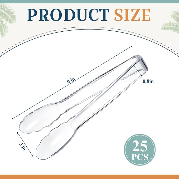 Tessco for you 25 Pcs Plastic Tongs for Serving Bulk, 9 Inch Plastic Disposable Serving Tongs, Heavy Duty Salad Tong for Kitchen, Buffet, BBQ, Events & Catering (Transparent)