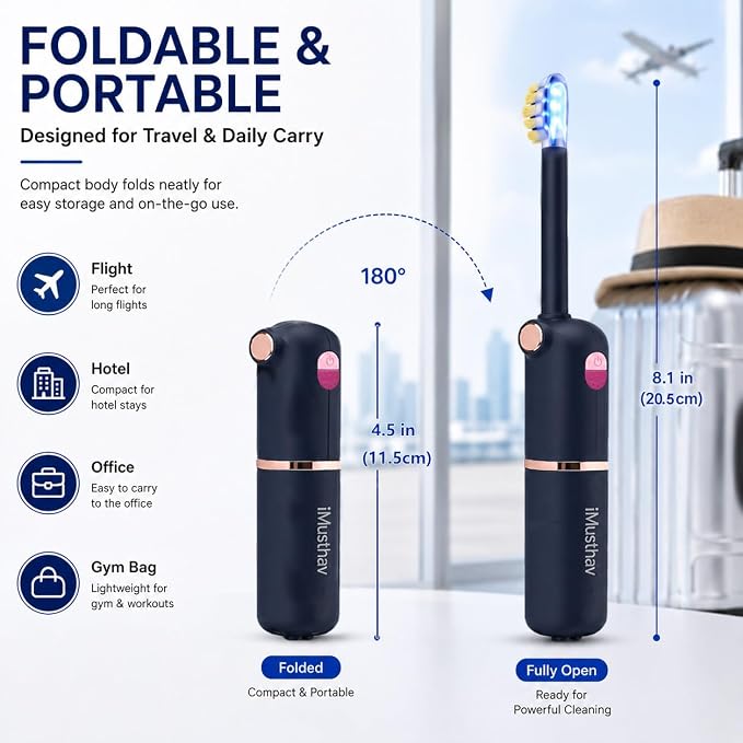 Foldable Travel Electric Toothbrush, Self Cleaning Toothbrush | Battery Operated, Blue LED Light, Whitening Toothpaste, 3 Modes with Smart Timer, 6 Replacement Brush Heads